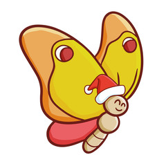 Cute and funny yellow butterfly wearing Santa's hat and smiling - vector