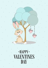 Romantic greeting card Valentines day with a cute Bunny. Elements and text. Vector illustration.