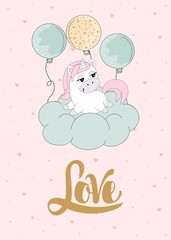Romantic greeting card with a cute unicorn. Elements and text. Vector illustration.