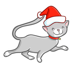 Funny and cute grey cat wearing Santa's hat for Christmas and smiling - vector.