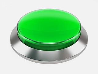 3d green shiny button. Round glass web icons with chrome frame on white background. 3d illustration