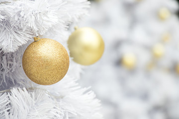 Fototapeta na wymiar Gold ball on white branch of chrismas tree background (Decoration for Christmas and New year festival