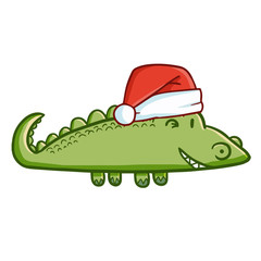 Naklejka premium Funny and cute crocodile wearing Santa's hat and smiling - vector.