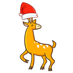 Funny and cute deer wearing Santa's hat for Christmas and smiling - vector.