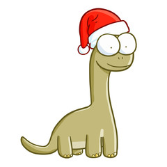 Cute and funny green dinosaurs wearing Santa's hat and smiling - vector.