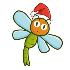 Funny and cute dragonfly wearing Santa's hat for Christmas and smiling - vector.