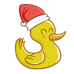 Cute and funny baby duck wearing Santa's hat for Christmas and smiling - vector.