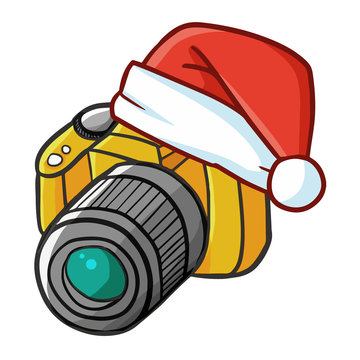 Cute and funny digital camera wearing Santa's hat for Christmas - vector.