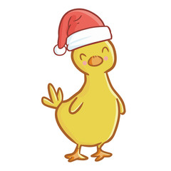 Cute and funny little yellow duck wearing Santa's hat for Christmas and smiling - vector.