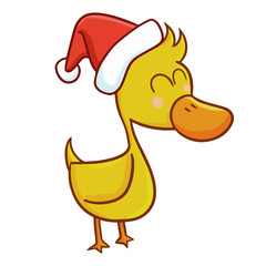 Funny and cute yellow duck wearing Santa's hat and smiling - vector.