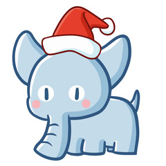 Cute and funny blue baby elephant wearing Santa's hat for Christmas and smiling - vector.