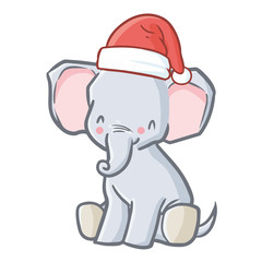 Fototapeta premium Cute and funny baby elephant wearing Santa's hat for Christmas sitting and smiling - vector.