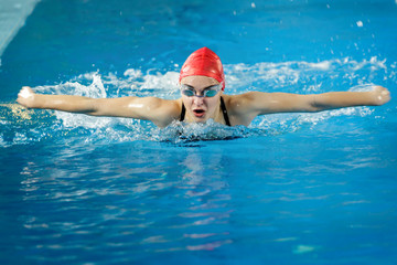 Fototapeta premium Young athlete swims in the pool