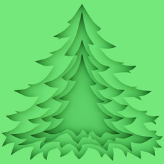 Paper cut Christmas tree background. 3d illustration.