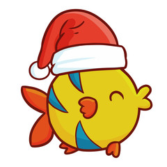 Funny and cute whistling fish wearing Santa's hat for Christmas and smiling - vector.