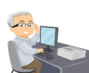 Senior Man Newspaper Computer Illustration
