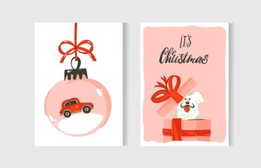 Hand drawn vector abstract fun Merry Christmas time cartoon cards collection set with cute illustrations,surprise gift boxes,dogs and handwritten modern calligraphy text isolated on white background
