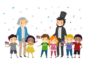 Stickman Kids Lincoln Washington Illustration