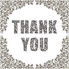 Thank you card. Text made of floral elements. Frame decorated twisted branches with oak leaves and acorns. Vintage style