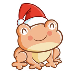 Cute and funny fat orange frog wearing Santa's hat for Christmas and smiling - vector.