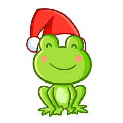 Cute and funny frog wearing Santa's hat and smiling - vector.