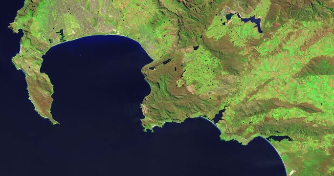 Very high-altitude overflight aerial of drought-stricken Cape Town and the western cape, South Africa. Clip loops and is reversible. Elements of this image furnished by USGS/NASA Landsat