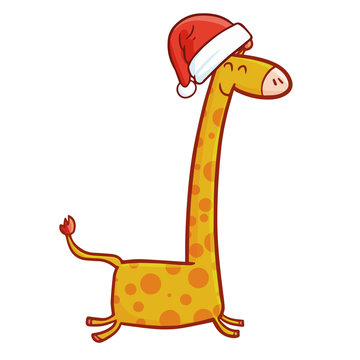 Cute and funny giraffe running wearing Santa's hat for Christmas and smiling - vector.