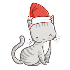 Cute and funny grey cat wearing Santa's hat for Christmas sitting and smiling - vector.
