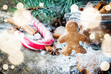 Christmas homemade gingerbread cookies on wooden table