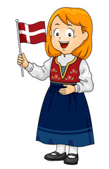 Kid Girl Traditional Danish Flag Illustration