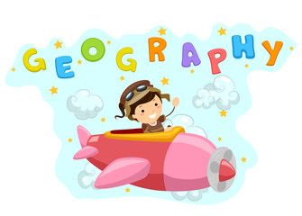 Stickman Kid Girl Airplane Geography Illustration