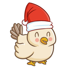 Cute and funny fat hen wearing Santa's hat for Christmas and smiling - vector.