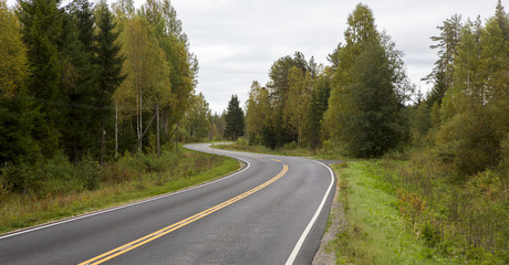 Fototapeta na wymiar Curvy asphalt road on autumn day in Finland. Yellow lines and clean road. Highway to drive.
