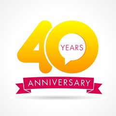 40 years anniversary communication logo. 40th year birthday logotype label, yellow vector number sign and pink ribbon isolated
