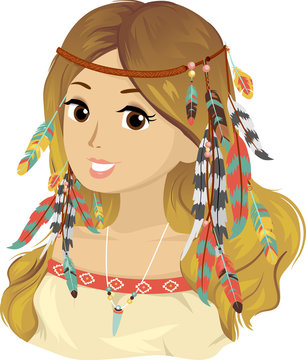 bohemian girl with feathers and headband clip art preview