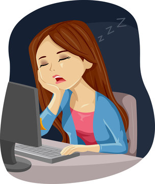 sleeping woman at computer desk clip art preview
