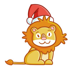 Funny and cute sitting lion wearing Santa's hat for Christmas and smiling - vector.