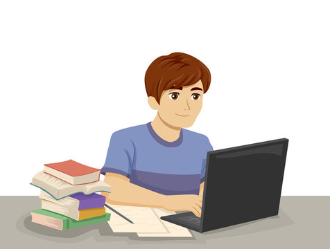 boy using laptop with books clip art preview