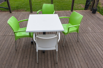Table Chairs Green White Wood Deck