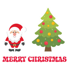cartoon cute santa claus with christmas fir tree and text