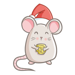Cute and funny fat mouse holding cheese, wearing Santa's hat for Christmas and smiling - vector.