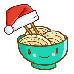 Cute and funny noodle wearing Santa's hat for Christmas and smiling - vector.