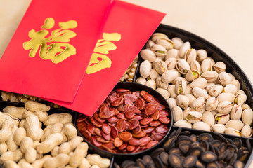 Chinese traditional snack box tray with red pocket word meaning luck