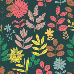 Colorful floral seamless pattern with doodle flowers, branches and leaves. Woodland, forest background. Vector illustration.