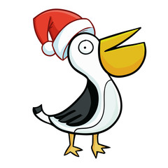Funny and cute pelicans wearing Santa's hat and smiling - vector.