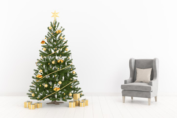 Cozy neutral interior with a golden christmas tree and a gray armchair. 3d illustration.