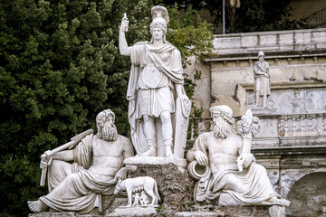 The 'Fontana della Dea Roma' fountain is seen at Piazza Del Popolo in Rome, Italy.