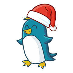 Cute and funny blue penguin wearing Santa's hat and smiling - vector