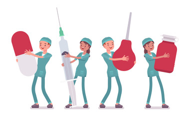 Male and female nurse with big tools