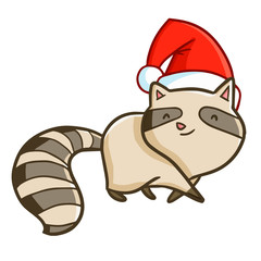 Cute and funny raccoon wearing Santa's hat and smiling - vector.